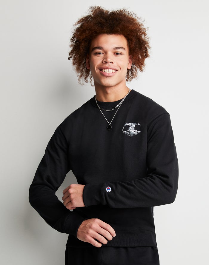 Champion Mens Sweatshirt NZ - Powerblend Fleece Crew Chasing Waves Black ( 8602-NHTCO )